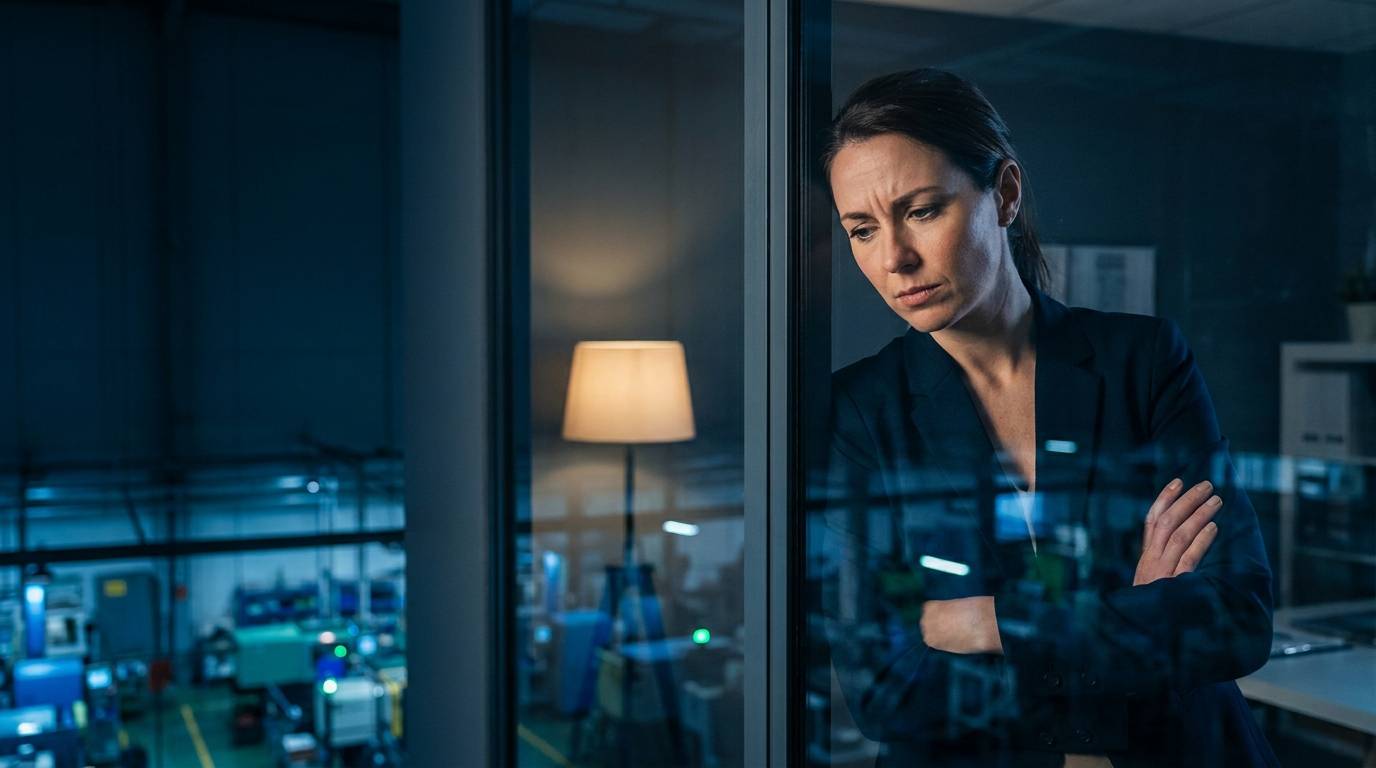 A plant manager alone in a glass office after hours, looking over the production floor