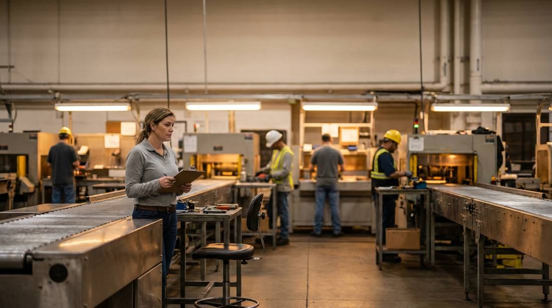A supervisor with a clipboard on a half-staffed production line