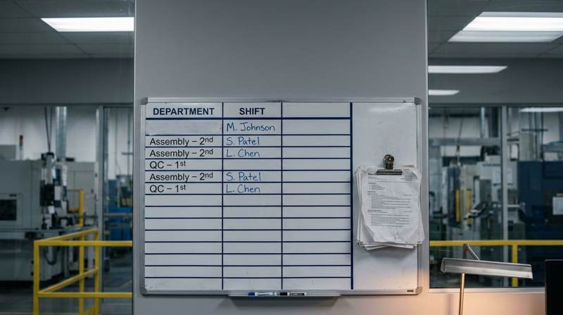 Whiteboard of open positions, most of them unfilled
