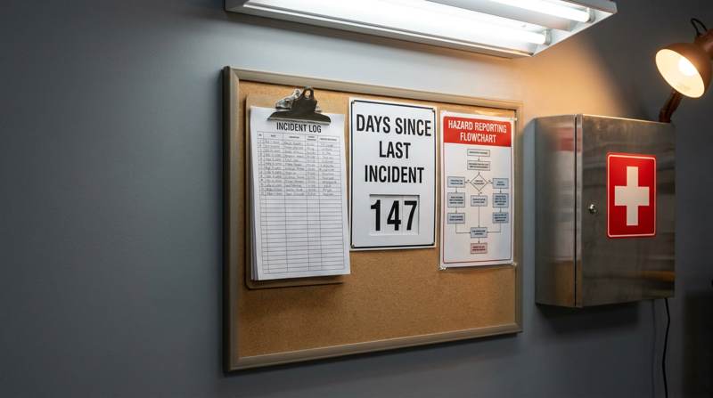 Safety board with an incident log and days-since-last-incident counter