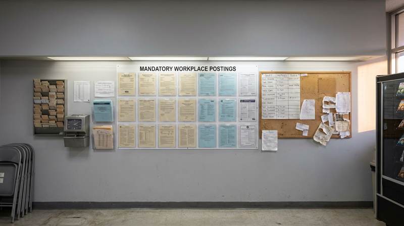 Breakroom wall of mandatory wage-and-hour postings