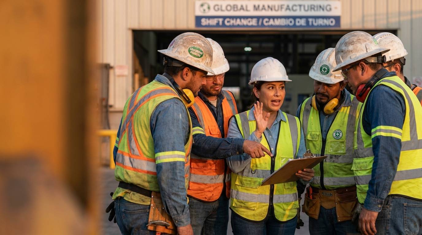 A supervisor with a clipboard leading a shift-change huddle with workers in hard hats and safety vests