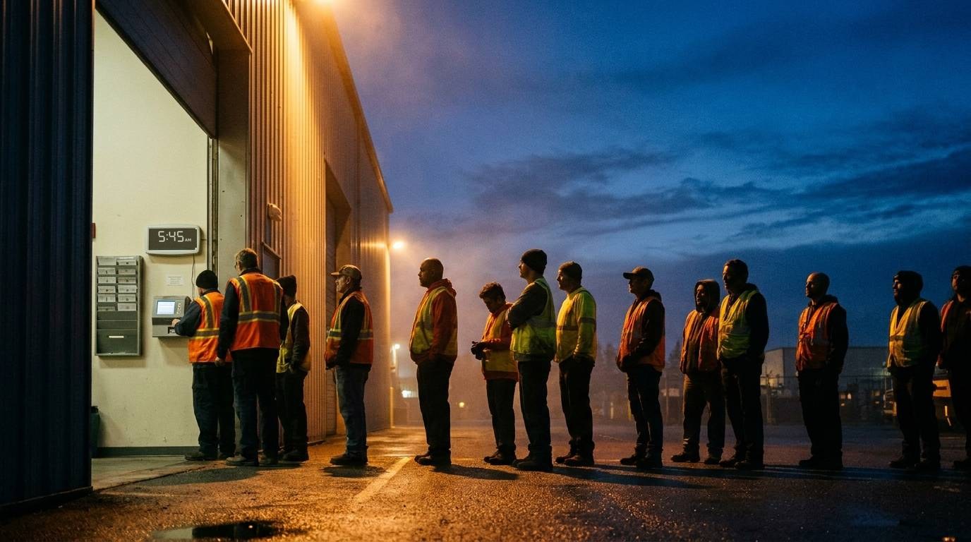 Workers in safety vests lined up at a time clock outside the plant at dusk, waiting to clock in for shift change