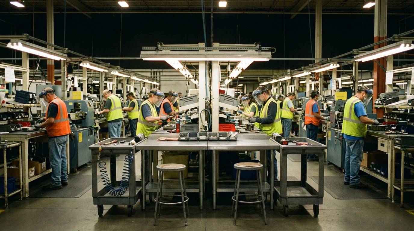 A busy assembly line with two empty workstations in the middle of the shift