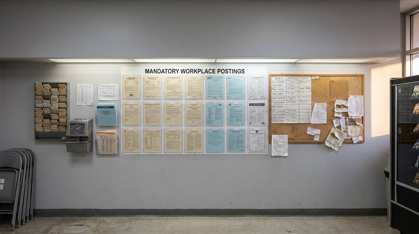 A breakroom wall covered in mandatory wage-and-hour postings